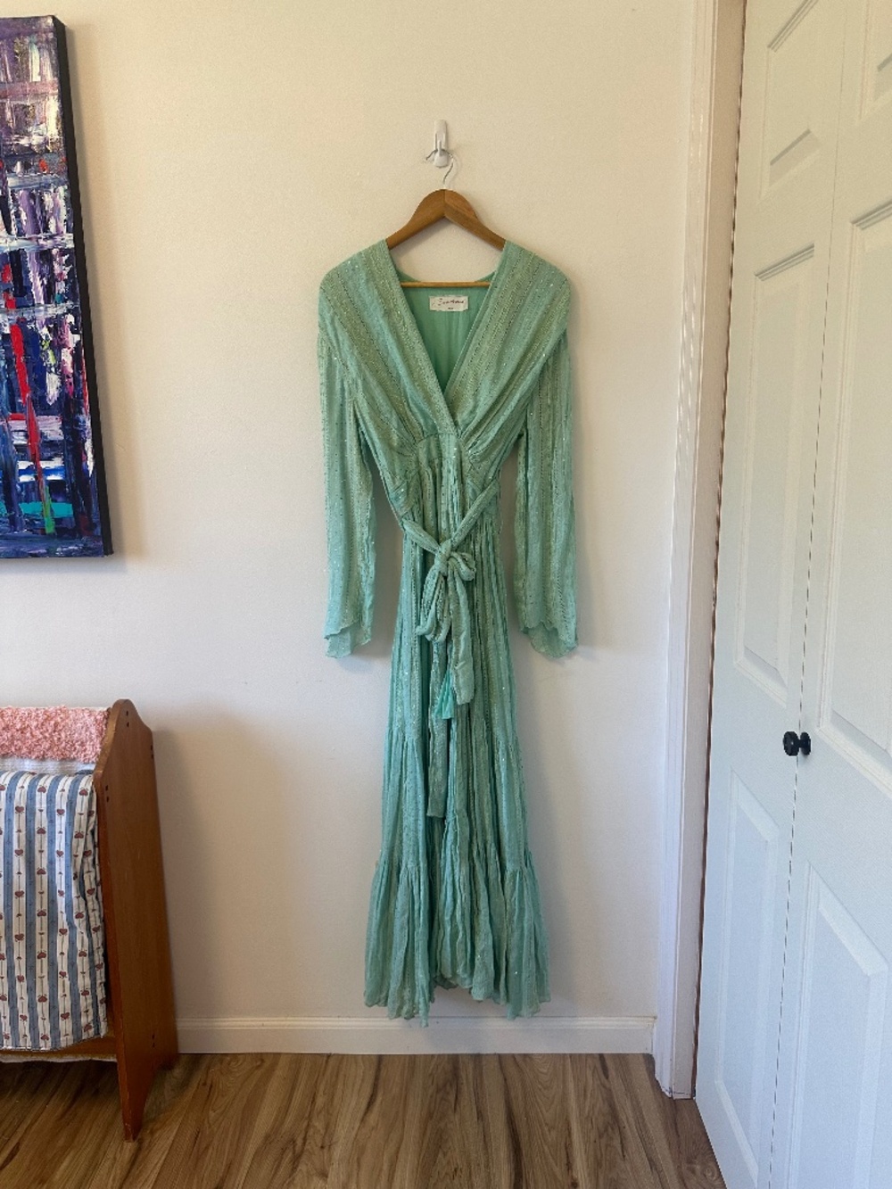 Sundress Mint Green Metallic Sequin Wrap Maxi Dress | Size XS/S